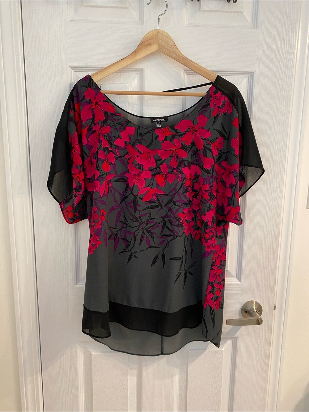 le chateau Black Blouse with Bright Pink Floral Print Large, flowy, sheer